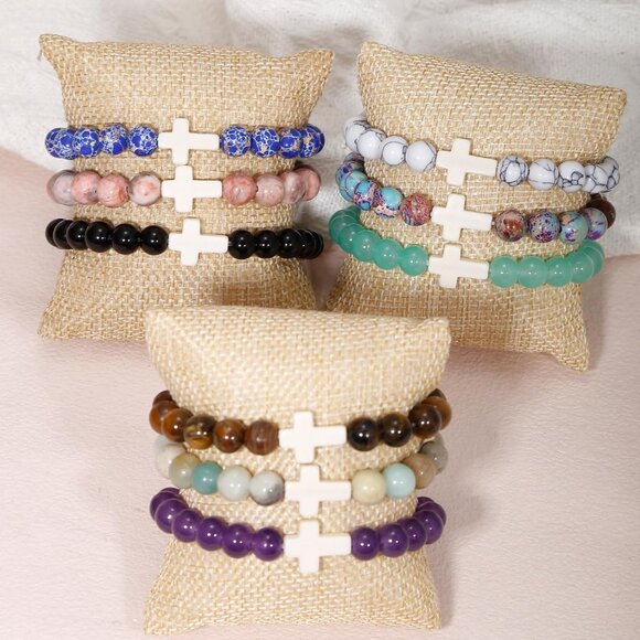 YVVLEE 9Pcs Cross Bracelets Set Natural Stone Beaded Christian Jewelry for Faith - Picture 6 of 7